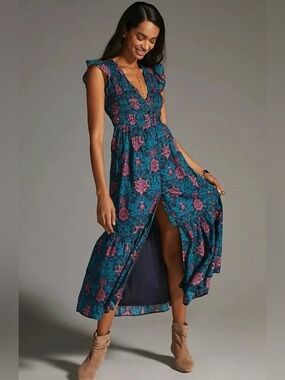 Anthropologie The Peregrine Midi Dress Blue Pink Cotton Flutter Sleeve Sz Small